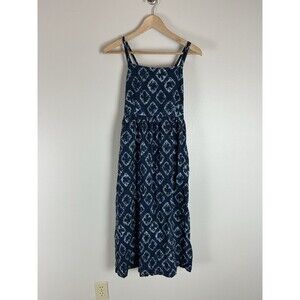 Batik Print Dress Apron Picnic Cottage Midi Length Blue Overall Prairie Size M